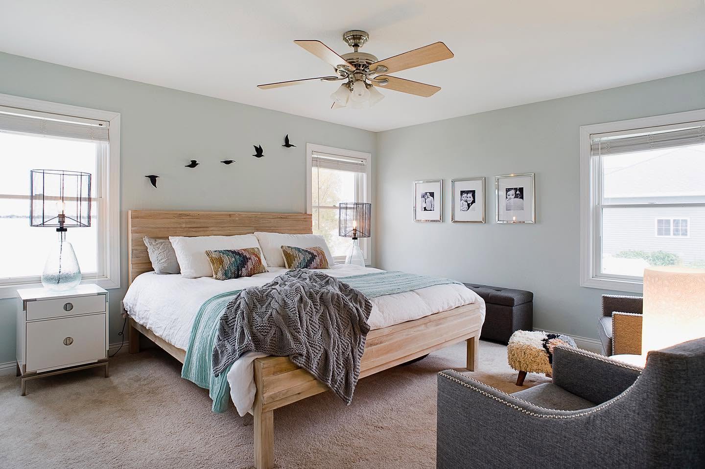 A tonal seafoam-sage primary bedroom, soft and quiet